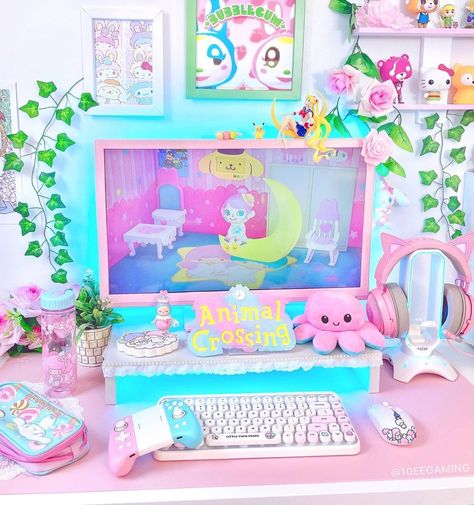 Blue Room Themes, Kawaii Desk Setup, Bedroom Gaming Setup, Snap And Share, Kawaii Office, Rainbow Games, Kawaii Room Ideas, Dream Setup, Bedroom Gaming