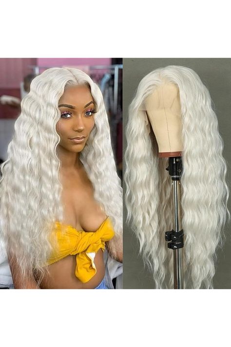 SAPPHIREWIGS 30inch Long Wavy Wig Platinum Blonde Synthetic Lace Front Wig 13Ã—4 Lace Wigs White Wig Crimp Curly Wig Synthetic Heat Resistant Wig for Women Cosplay Daily Halloween Use Barbie Wig, Loose Body Wave, Long Blonde Wig, White Wig, Long Wavy Wig, Wig Hairstyles Ideas, Blonde Wigs, Halloween Wigs, 613 Blonde