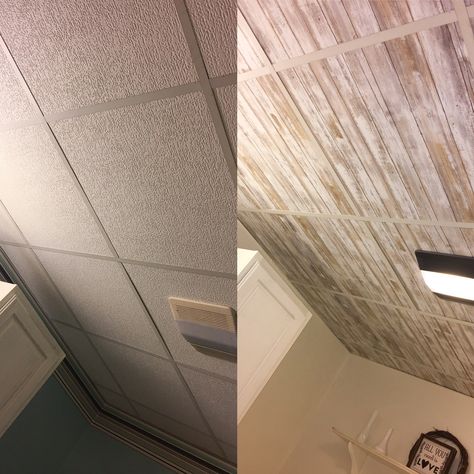 Wallpapered Drop Ceiling. Update drop ceilings with peel and stick wallpaper. Wallpaper Basement, Ceiling Update, Drop Ceiling Makeover, Drop Ceiling Basement, Ceiling Makeover, Drop Ceilings, Ceiling Basement, Drop Ceiling Tiles, Mom Kitchen