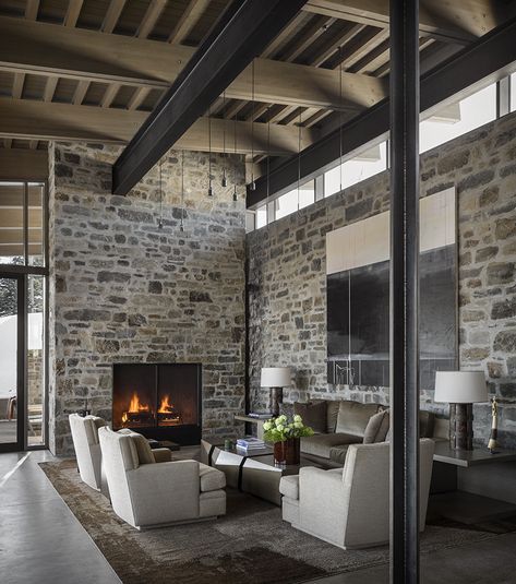 Fireplaces Black, Yellowstone House, Masculine House, Yellowstone Club, Conversation Area, Stone Interior, Rustic Stone, Mountain Modern, Open Living Room