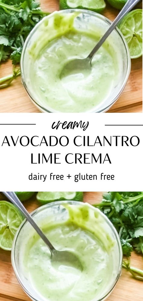 This dairy free avocado cilantro lime crema is the best creamy and zesty dip. Use this easy avocado sauce on taquitos, tacos and more! Taquito Sauce Recipe, Avocado Sour Cream Sauce, Dairy Free Lime Crema, Avocado Crema Dairy Free, Dairy Free Cilantro Lime Crema, Healthy Creamy Avocado Cilantro Lime Dressing, Dairy Free Enchiladas, Dipping Recipes, Avocado Lime Crema