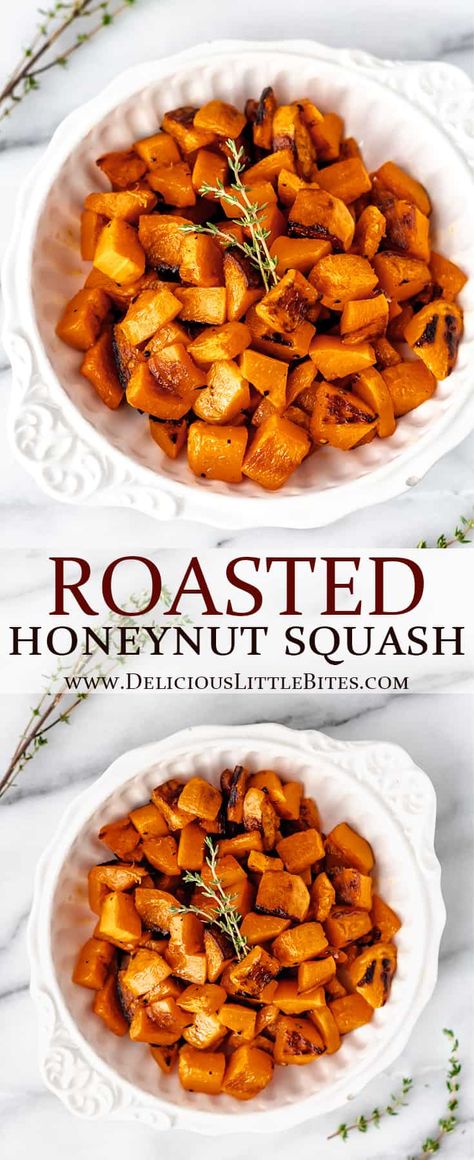 This 4-ingredient side dish is simple to prepare, plus it’s healthy too. Roasted Honeynut Squash makes a great dish for Thanksgiving starring seasonal produce and sweet caramelized flavor. It’s a wonderful recipe to try if you enjoy eating butternut squash. | #honeynutsquash #honeynut #roastedhoneynut #squash #sidedish Honey Nut Squash Recipe, Roasted Honeynut Squash, September Meals, Grain Sides, Roasted Squash Recipes, Healthy Squash Recipes, Fresh Vegetable Recipes, Honeynut Squash, Baked Meatballs