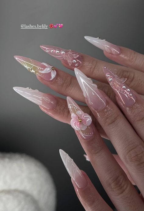 Long Almond Gel Nails, Pink Ethereal Nails, Ulzzang Nails, Fairy Nails Acrylic, Aphrodite Nails, Siren Nails, Stiletto Nail Ideas, Ethereal Nails, Fairy Nails