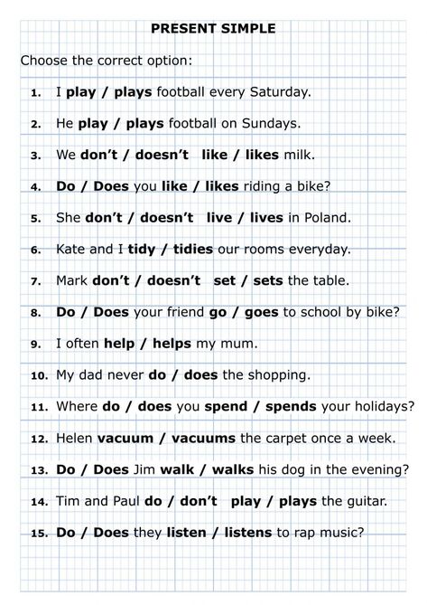 Present Simple online worksheet for Pre-intermediate. You can do the exercises online or download the worksheet as pdf. Present Simple Rules, Grammer Rules, Sentence Making, Simple Present Tense Worksheets, English Grammar Exercises, English Grammar For Kids, Simple Past, Simple Present Tense, Grammar For Kids