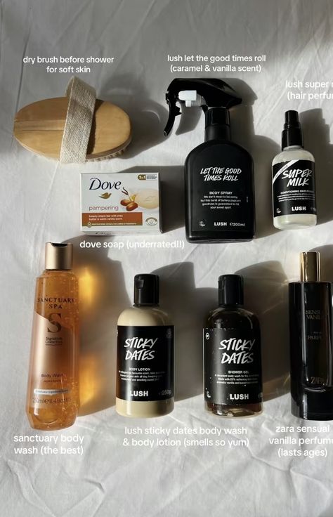 Smelling Good Routine, Sticky Dates Shower Gel, Sticky Dates Lush, Lush Products Aesthetic, How To Always Smell Good, Sticky Dates, Lush Shower Gel, Vanilla Scents, Scent Combos