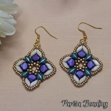 Diy beaded earring tutorial with ginko and Stormduo beads Gem Duo Earrings, Storm Duo Bead Patterns, Ginkgo Bead Patterns, Gemduo Bead Patterns, Beautiful Beaded Earring, Super Duo Beads, Paper Bead Jewelry, Beaded Necklace Patterns, Bead Sewing