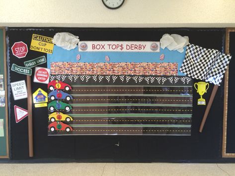 Box tops race track bulletin board Track Bulletin Board, Goal Bulletin Board, Scoreboard Ideas, Race Car Themed Party, Goals Bulletin Board, Pta Bulletin Boards, Attendance Board, Car Themed Party, Data Boards