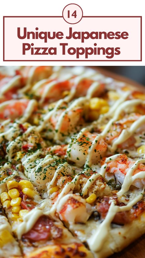 A close-up of a freshly baked pizza topped with unique Japanese ingredients like seafood, corn, and mayonnaise, highlighting the creative fusion of flavors. Unique Pizza Topping Ideas, Unique Pizza Ideas, Asian Pizza, Unique Pizza Toppings, Japanese Pizza, Pizza Toppings Combinations, Unique Pizza, Flavor Combinations, Perfect Pizza