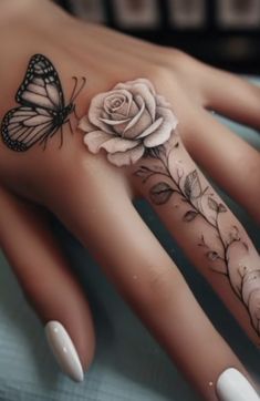 Hand Tattoos For Women's, Tattoo Sleeve For Women Classy, Light Pink Flower Tattoo, Women's Tattoo Thigh, Side Butterfly Tattoos Women, Clip Art Tattoo Ideas, Womens Tattoos Back, Tattoo Sayings For Women, Woman Hand Tattoo Ideas