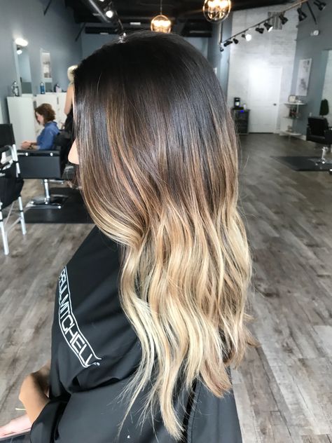 Ombre And Highlights, Brunette Hair Blonde Ends, Brown To Blonde Ombre Hair Medium Length, Ombre Hair On Dark Hair, Brunette Blonde Ombre Hair, Blonde Ombre Dark Hair, Ombré Dark To Light, Blonde Ends On Brown Hair Ombre, Brunette Fade To Blonde