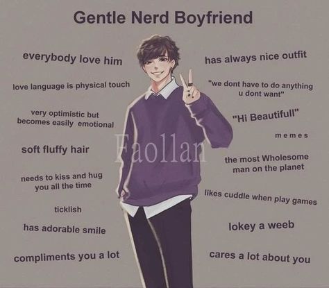 Dating A Nerd Aesthetic, Types Of Boyfriends Drawing, Types Of Boys Aesthetic, Guy Oc Drawing, My Ideal Boyfriend Type, Nerdy Bf Aesthetic, Ideal Type Of Guy, Gentle Boyfriend, Things To Make For Your Girlfriend