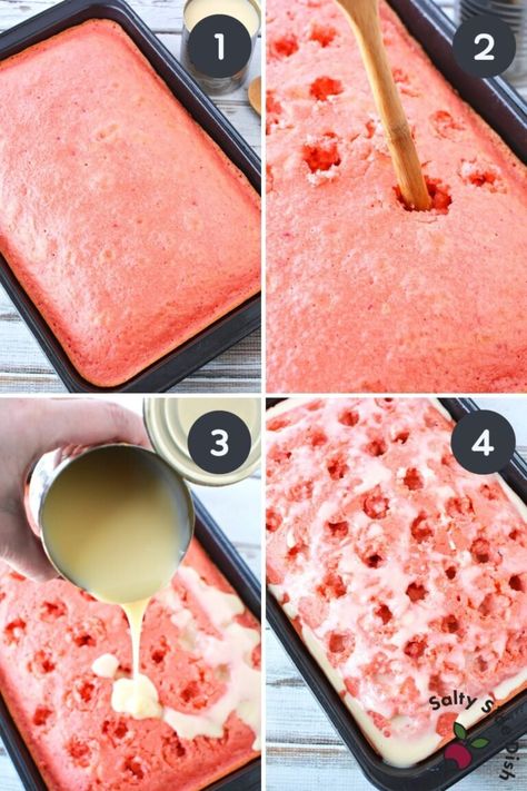 Strawberry Poke Cake with Sweetened Condensed Milk | Side Dishes Cake Sweetened Condensed Milk, Strawberry Cake Mix Recipes, Strawberry Poke Cake, Strawberry Sheet Cakes, Sweetened Condensed Milk Recipes, Strawberry Crunch Cake, Strawberry Poke Cakes, Condensed Milk Cake, Strawberry Cake Easy