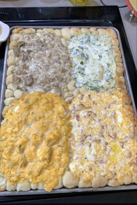 Four Dips With Pizza Dough Balls, 4 Dips One Pan With Pizza Dough, Loaded Potato Slices, Pizza Dough Balls, Super Bowl Recipes, Delicious Dips, Potato Slices, Superbowl Appetizers, Appetizer Ideas