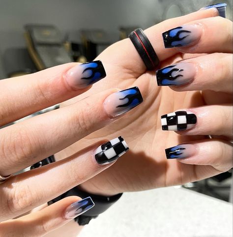 Blue And Black Nails Designs Short, Stray Kids Dominate Nails, Gamer Nails Design, Flames Nails Designs, Blue Grunge Nails, Monster Truck Nails, Blue Fire Nails, Hot Wheels Nails, Blue Flame Nails