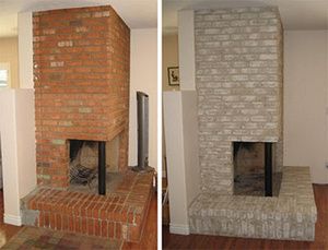 We are thinking of painting the yellow brick in our livingroom grey similar to the "after" picture here. More subtle though. Fireplace Maintenance, Painted Fireplaces, Kitchen Hearth, Whitewash Brick, Brick Painting, Painting Brick, Fireplace Decorating, Painted Fireplace, Red Brick Fireplaces