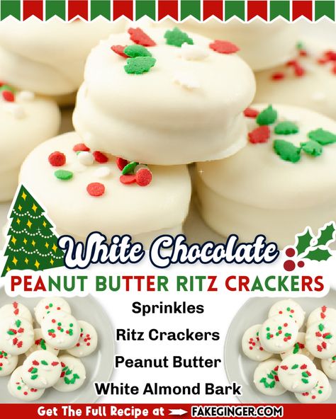 Fake Ginger - Easy and delicious no bake treat! Ritz... Chocolate Ritz Crackers, Ritz Cracker Sandwiches, Cracker Sandwiches, White Chocolate Peanut Butter, Christmas Candy Homemade, Christmas Cookie Recipes Holiday, White Almond Bark, Christmas Sweet Treats, Ritz Cracker