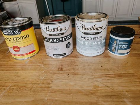 Testing the Best White Wood Stain – Love & Renovations Varathane White Wash Stain, Whitewash Stained Wood, Antique White Stain, White Wood Stain, Varathane Stain, White Washed Pine, White Wash Stain, Unfinished Wood Furniture, Black Wood Stain