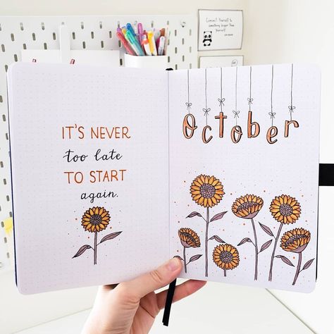 🙋‍♀️ Slav on Instagram: “Hi friends! 🙋‍♀️ Today, I'm sharing my October cover page. My theme is sunflowers but I will be also adding some fall doodles. 🌻 Sunflowers…” Bujo Themes October, October Monthly Spread Bullet Journal, Bujo October Cover, October Journal Cover, Bullet Journal October Cover, October Bujo Cover, October Journal Ideas, October Drawings, October Bullet Journal Cover