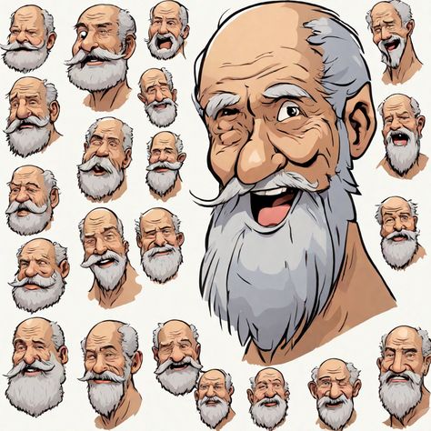 Cartoon Beard Drawing, Old Man Beard Drawing, Cartoon Characters Expressions, Old Man With Beard Drawing, Long Beard Drawing, Men Facial Expressions, Crazy Old Man Character Design, Old Man Drawing Character Design, Old Man Cartoon Drawing