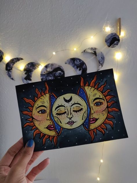 The Moon And The Sun Art, Sun And Moon Painting Aesthetic, Moon Paintings Aesthetic, Sun And Moon Wall Art, Sun And Moon Painting Ideas, Sun And Moon Drawing Paintings, Sun And Moon Drawing Aesthetic, Moon Sun Painting, Moon Aesthetic Painting