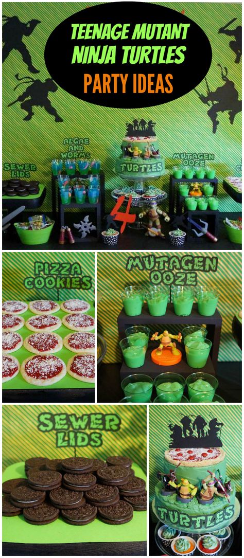 Check out this totally awesome Teenage Mutant Ninja Turtles party! See more party ideas at CatchMyParty.com! Ninja Turtle Party Games Activities, Tmnt Mutant Mayhem Birthday, Ninja Turtles Pool Party Ideas, Ninja Turtle Snack Ideas, Ninja Turtles Birthday Party Ideas Decorations Dessert Tables, Ninja Turtle Movie Night, Ninja Turtle Obstacle Course, Free Tmnt Party Printables, Ninja Turtle Pizza Party