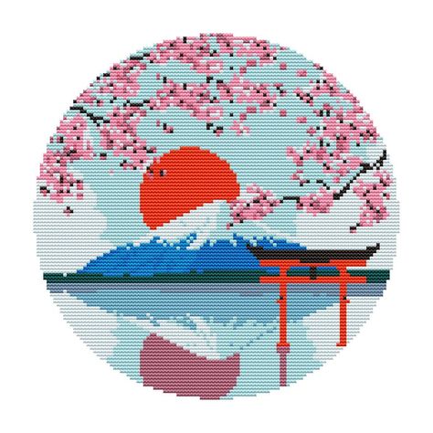 Sewn Bookmarks, Japanese Cross Stitch Patterns, Cherry Blossom Cross Stitch, Japan Cross Stitch, Japanese Cross Stitch, Cross Stitch Japanese, Mount Fuji Embroidery, Japan Cross Stitch Pattern, Geisha Cross Stitch