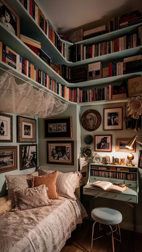 Cozy Academic Retreat: Designing Your Dark Academia Bedroom Bedroom Aesthetic Cozy Vintage, Room Inspo Ideas For Small Rooms, Dark Cozy Cottage Bedroom, Boho Academia Bedroom, Dark Cozy Bedroom Paint Colors, Moody French Decor, Dark Vintage Bedroom Ideas, Maximalist Vintage Bedroom, Guest Room Office Combo Decor