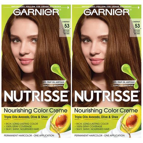 Nutrisse shade 53 Medium Golden Brown (Chestnut) permanent hair color has radiant, golden tones adding warmth to your medium brown and nourishment while it colors and adapts to all hair textures for long lasting, even color and 100% gray coverage [ad] Affiliate Disclosure: This link is affiliate link. This means that, at zero cost to you, I will earn some affiliate commission if you click through the link and finalize a purchase. Garnier Nutrisse Hair Color, Light Golden Brown Hair Color, Light Golden Brown Hair, Garnier Hair Color, Hair Color Brown Chestnut, Hair Dye Shades, Medium Golden Brown, Clairol Natural, How To Dye Hair At Home