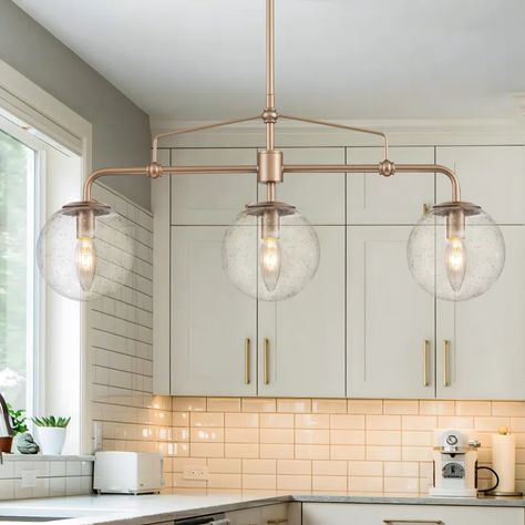 Rosdorf Park 3 - Light Globe Kitchen Island Linear Pendant & Reviews | Wayfair Modern Linear Kitchen, Glass Kitchen Island, Seeded Glass Pendant Light, Glass Bubble Chandelier, Linear Kitchen, Seeded Glass Pendant, Lights Over Kitchen Island, Kitchen Island Light, Linear Pendant Light