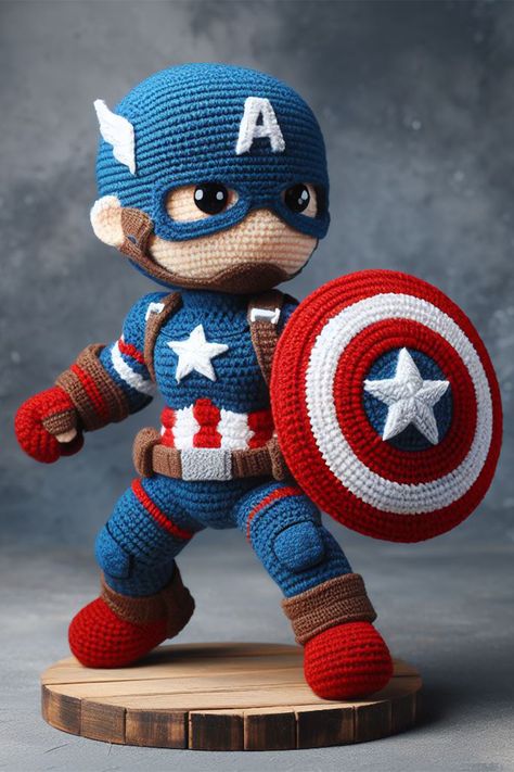 Captain America Amigurumi Captain America Crochet Pattern Free, Crochet Marvel Characters, Marvel Crochet Patterns, Amigurumi Marvel, Crochet Captain America, Captain America Crochet, Marvel Amigurumi, Crochet Marvel, Crochet Superhero