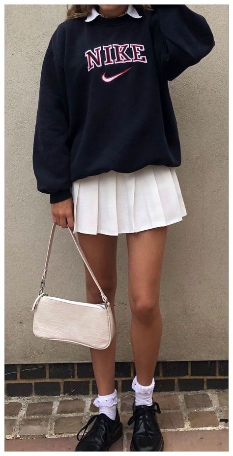 faafda66202d234463057972460c04f5desc35398354ri Jumper And Skirt Outfit, Jumper And Skirt, Baggy Jumper, Vintage Nike Sweatshirt, Tennis Skirt Outfit, White Tennis Skirt, Nike Sweatshirt, Cute Comfy Outfits, Pinterest Outfits