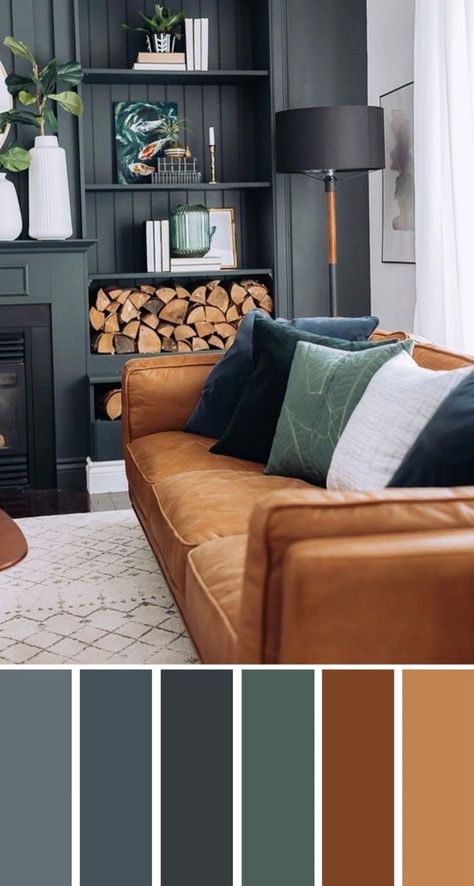 Masculine Mid Century Modern Living Room, Rust And Blue Living Room, Apartment Palette, Living Room Color Palette Ideas, Lounge Colour Scheme, Decorating Color Schemes, Sage Green Sofa, Cinnamon Living Room, Interior Decoration Ideas