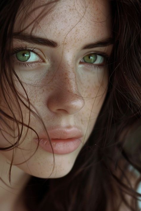 Brown Hair And Freckles, Nose Ideas, Brown Hair And Green Eyes, People With Green Eyes, Brown Hair Green Eyes, Warm Brown Hair, Hair Green Eyes, Girl With Green Eyes, Bronze Tan