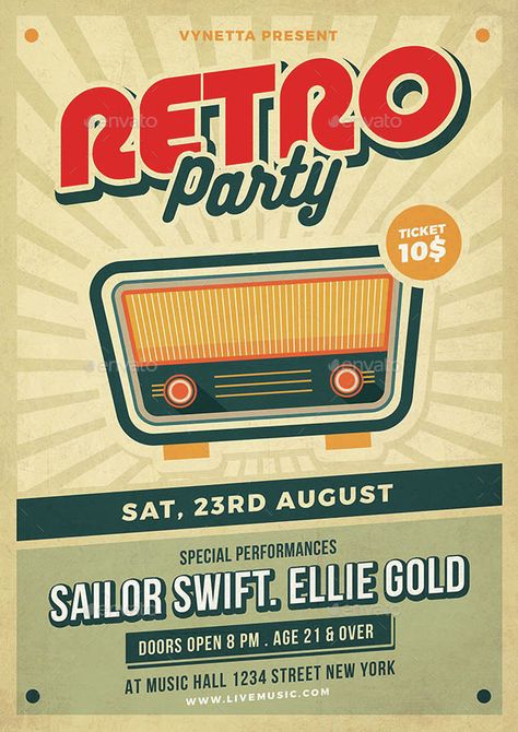 Retro Music Poster / Flyer Old Radio, Retro Graphic Design, Music Poster Design, Vintage Poster Design, Retro Graphics, Retro Party, Vintage Graphic Design, Poster Retro, Event Poster