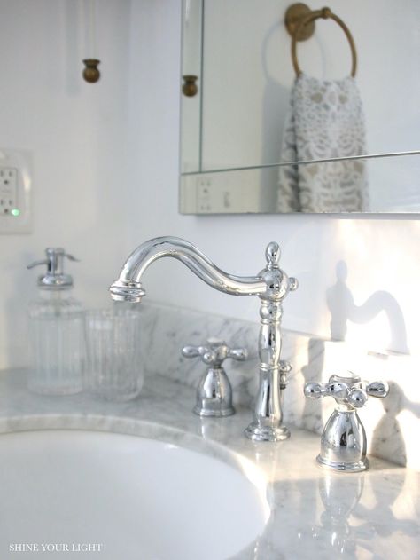 Chrome Faucet Primary Bathroom Remodel Polished Nickel Single Hole Bathroom Faucet, Bathrooms With Polished Nickel Fixtures, Brushed Silver Bathroom Fixtures, Bathrooms With Chrome Fixtures, Chrome Bathroom Ideas, Chrome Fixtures Bathroom, Chrome Hardware Bathroom, Silver Faucet Bathroom, Silver Bathroom Fixtures