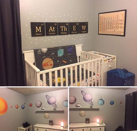 Science themed nursery Science Theme Nursery, Nursery Galaxy Theme, Science Themed Nursery, Space Nursery Theme Boys, Galaxy Baby Nursery, Science Nursery, Galaxy Nursery, Modern Boy Nursery, Outer Space Nursery