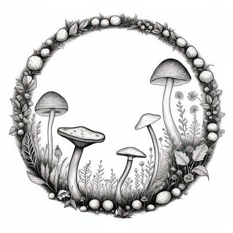 Circle frame with mushroom drawing sketch plant. | premium image by rawpixel.com / Hein Line Drawing Mushroom, Mushrooms Black And White, Mushroom Black And White, Drawn Mushrooms, Black And White Mushroom, Mushroom Doodle, Mushroom Circle, Mushroom Cartoon, White Mushroom