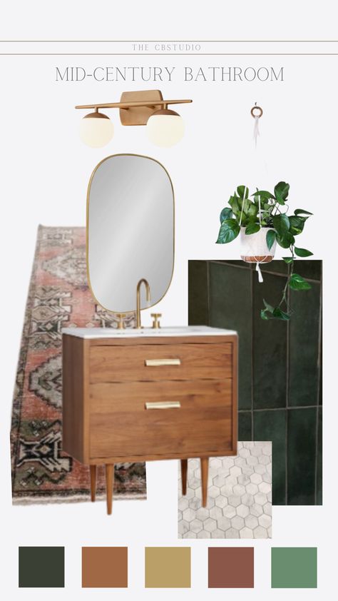 Mid Century Modern Green Bathroom, Tiny Mcm Bathroom, Midcentury Double Vanity, Half Bathroom Mid Century Modern, Mcm Half Bath, Mcm Small Bathroom, Mid Century Half Bath, Green Bathroom Mood Board, Mid Century Modern Bathroom Green