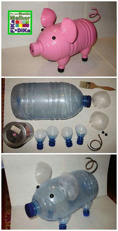 Cerdito Soda Bottle Crafts, Plastic Bottle Crafts Diy, Pig Crafts, Reuse Plastic Bottles, Plastic Bottle Flowers, Plastic Bottle Art, Diy Plastic Bottle, Desain Buklet, Plastic Bottle Crafts