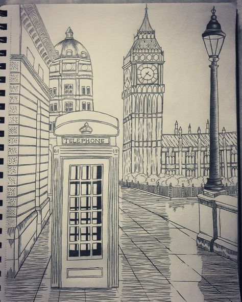 Sketch Of Place, London Architecture Drawing, London Drawing Sketches, Drawing Ideas City, London Art Drawing, Landmark Drawing, Big Ben Drawing, Cityscape Sketch, London Sketch