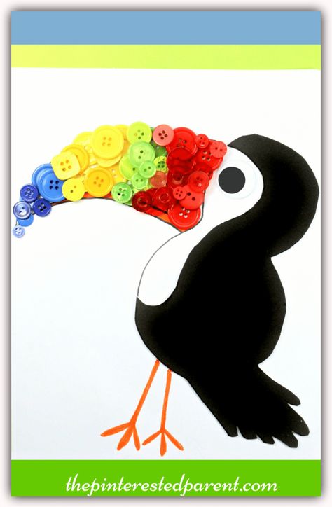 Button Toucan – The Pinterested Parent Toucan Craft, Rainforest Crafts, Zoo Crafts, Rainforest Animals, Animal Crafts For Kids, Bird Crafts, Animal Activities, Bird Theme, The Crafts