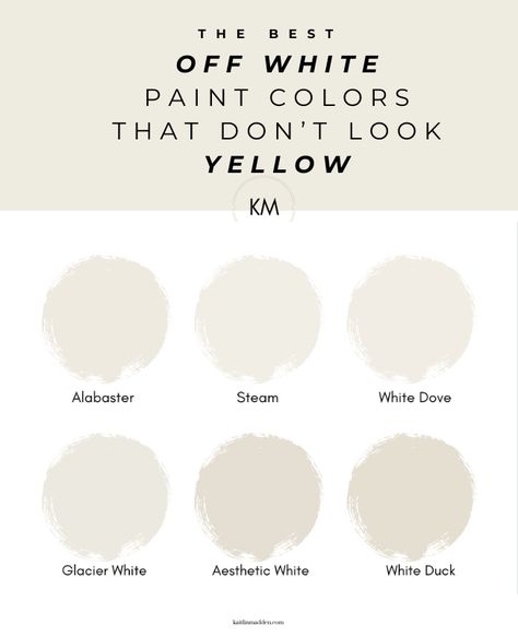 6 Off-White Paint Colors That Don't Look Yellow - Kaitlin Madden Home Blogger Behr Cream Paint Colors Kitchen, White Duck Paint Color, Off White Bathroom Cabinets, Resurface Cabinets, Popular White Paint Colors, Benjamin Moore White Paint Colors, Popular White Paint, Benjamin Moore Navajo White, House Paints