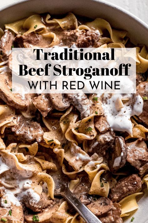 Authentic Beef Stroganoff Recipe, Stroganoff Recipe Easy, Recipe With Red Wine, Steak Stroganoff, Classic Beef Stroganoff Recipe, Traditional Beef Stroganoff, Homemade Beef Stroganoff, Best Beef Stroganoff, Beef Cubes