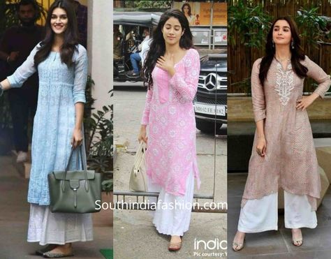 Celebrities in Kurta Palazzo 2 Kurta Outfit, Simple Indian Suits, Palazzo Kurta, Indian Kurti Designs, Trendy Outfits Indian, Celebrity Casual Outfits, Designer Kurti Patterns, Frock For Women, Iranian Women Fashion