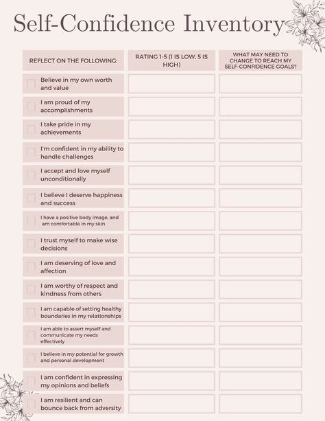 A self-confidence inventory is a tool that can allow you to assess and evaluate your level of self-confidence. It helps offer insight into thoughts, feelings, and beliefs about oneself. Self Confidence Therapy Activities, Building Self Confidence Worksheets, Self Esteem Interventions, Self Confidence Worksheets, Self Inventory, Confidence Worksheet, Self Esteem Journal Worksheets, Self Development Worksheets, Self Confidence Building