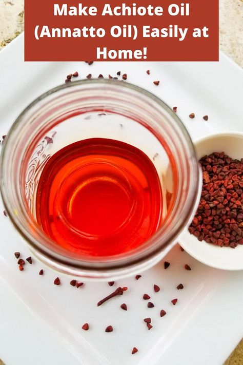 Easily make Annatto Oil (Achoite Oil) Aceite de Achiote at home and learn all of it uses! Once you have learned how easy it is to make this beautiful food color condiment, you will be able to have it readily available to make such foods as pasteles, empanadillas, alcapurrias or even to color your soups, stews, rice, beans and meats. #annattooil #achioteoil #foodcolorant Annatto Oil Recipe, Achiote Oil Recipe, Achiote Oil, Latin Dishes, Dry Rub Recipes, Mexican Appetizers, Puerto Rico Food, Rice Beans, Rub Recipes