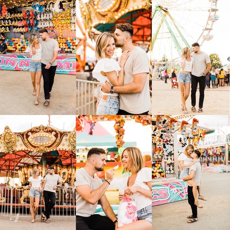 County Fair Family Photoshoot, State Fair Photoshoot Couple, Carousel Couple Pictures, Engagement Photos Carnival, Amusement Park Prenup, Fair Photography Couples, Carousel Engagement Photos, Ferris Wheel Engagement Photos, Amusement Park Wedding