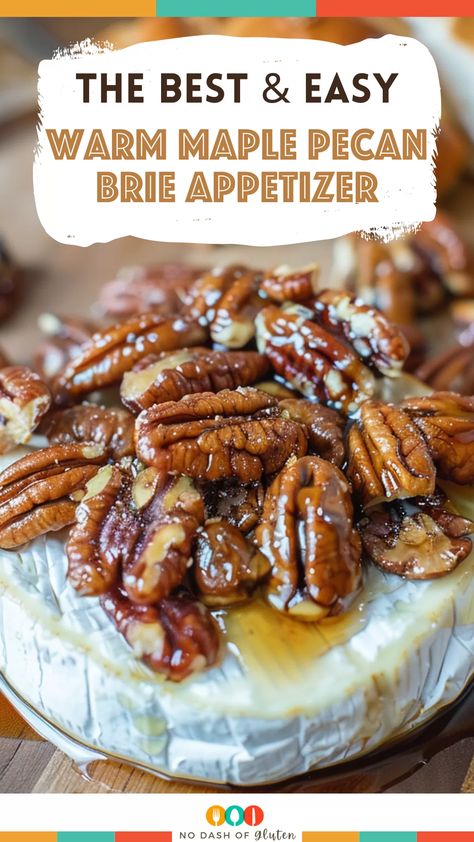 This Warm Maple Pecan Brie Appetizer is a crowd-pleaser! Creamy, baked brie topped with a rich, maple syrup pecan sauce and a hint of cinnamon. Serve it with bread or crackers for an elegant yet easy appetizer that everyone will love. Ready in just 30 minutes! Pin this recipe now and impress your guests at your next get-together! Brie Cheese Recipes Maple Syrup, Baked Brie With Maple Syrup And Pecans, Brie With Caramel And Pecans, Maple Pecan Brie Recipes, Holiday Baked Brie Recipes, Brie With Brown Sugar And Pecans, Brie With Apples And Pecans, Brie Caramel Pecan, Maple Pecan Brie