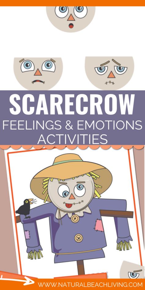 Scarecrow Emotions Activities Printables Face and Word Building - Natural Beach Living Scarecrow Toddler Activities, Scarecrow Activities For Toddlers, Scarecrow Activities Preschool, Scarecrow Printable, Cute Scarecrow, Daily Schedule Kids, Fall Themes, Feelings Activities, Emotions Activities