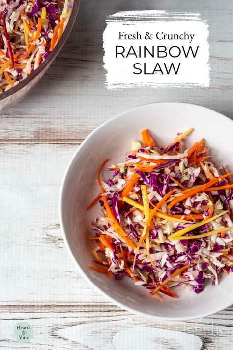 Bowl of rainbow slaw. Rainbow Coleslaw, Rainbow Slaw, Micro Biome, Mexican Fruit Salads, Fresh Healthy Recipes, Coleslaw Recipes, Low Carb Burger, Cabbage Salad Recipes, Citrus Vinaigrette